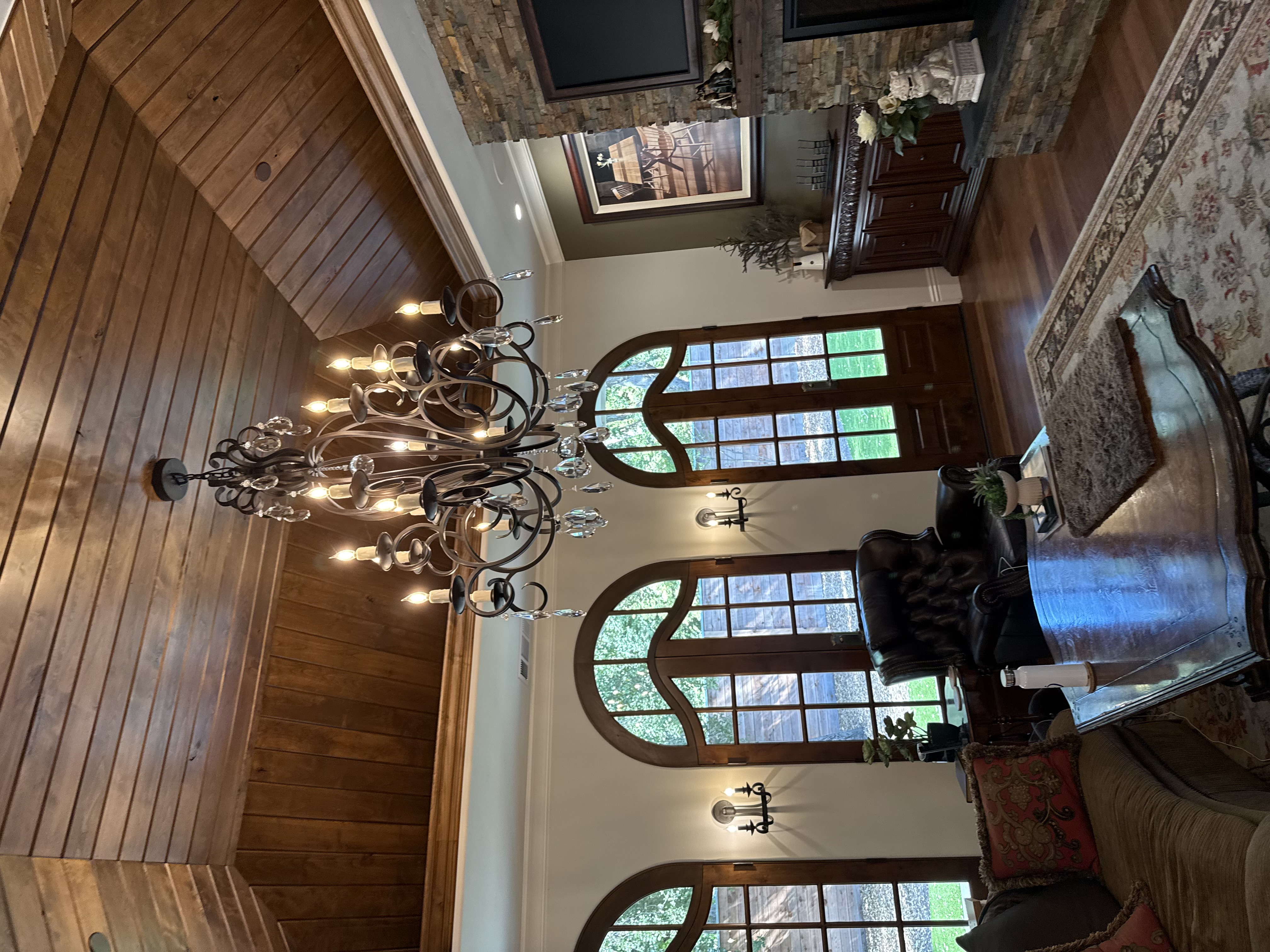Multi-arm chandelier installation